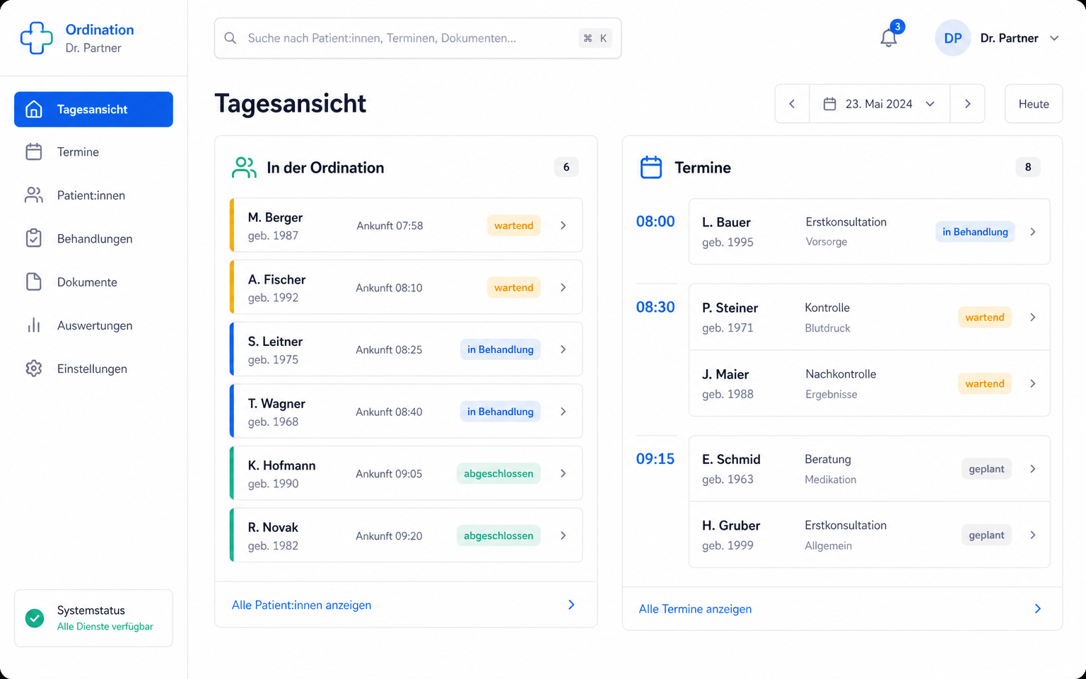Tagesansicht der SecureMed Ordinationssoftware mit Ordinations- und Terminliste